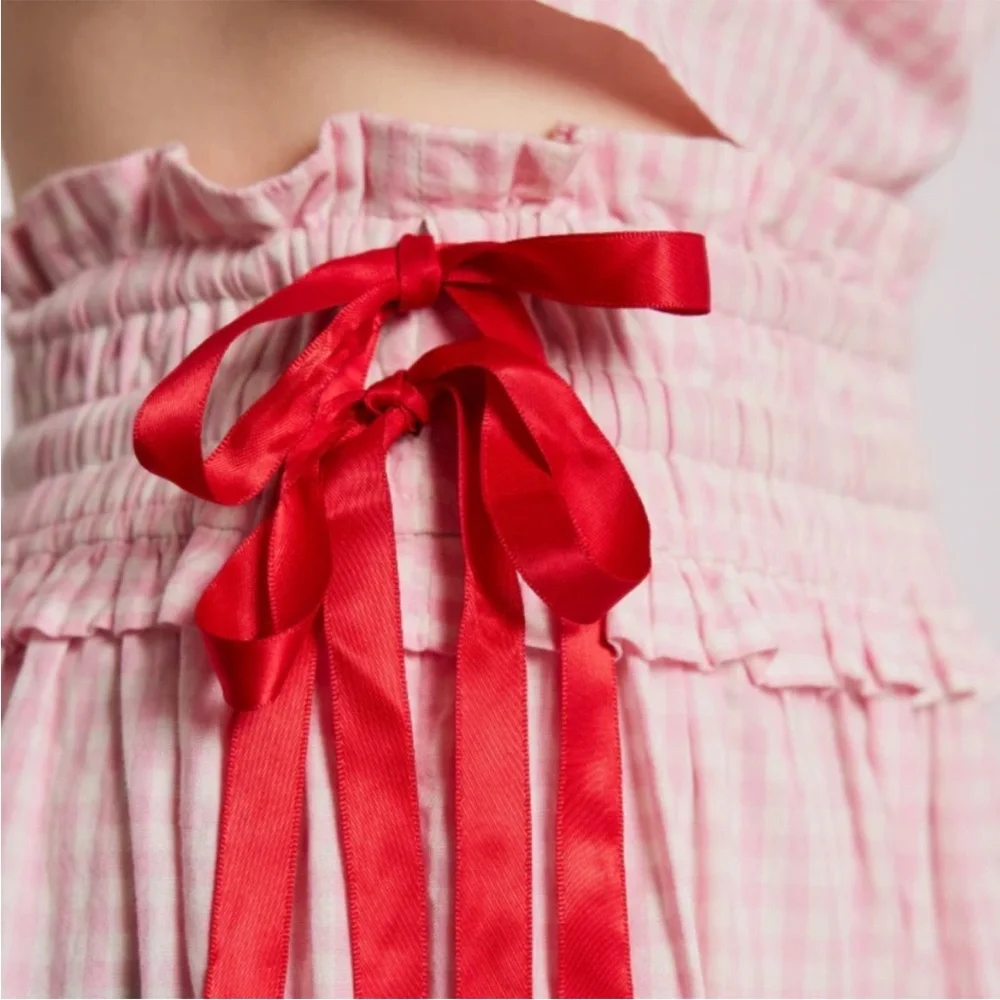 Damson Madder x Free People Pink Gingham Olivia Ruffle Midi Skirt Size 14, US 10 - Picture 2 of 16